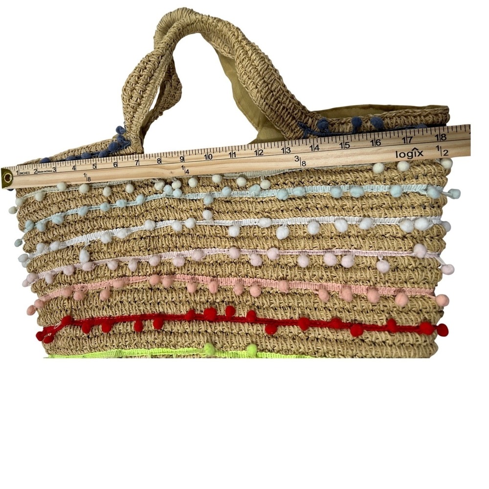 Bay Sky Rainbow Pom‎ Pom Straw Tote Beach Bag Boho Summer Woven Handbag - Picture 11 of 12